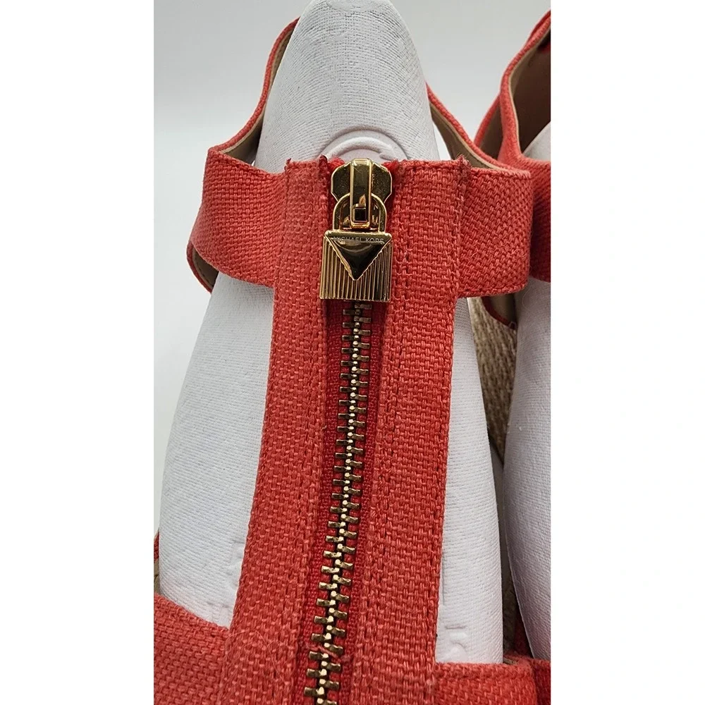 Michael Kors Damita Wedge Sandals Womens 9M Coral Orange Espadrille Zip NEW EXC